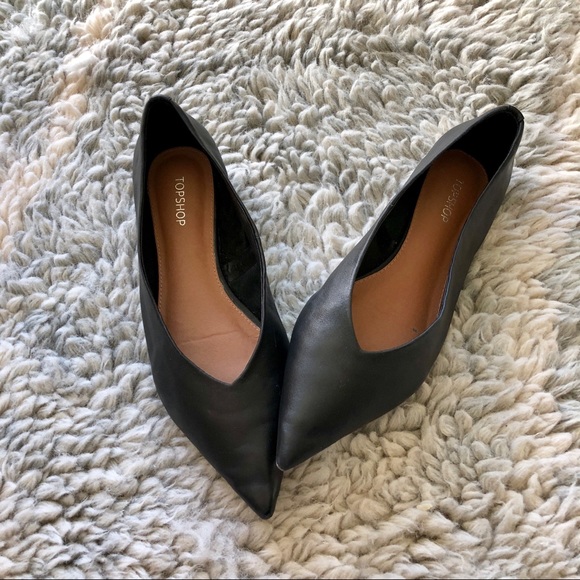 Topshop Shoes - Pointed Toe Black Leather Flats
